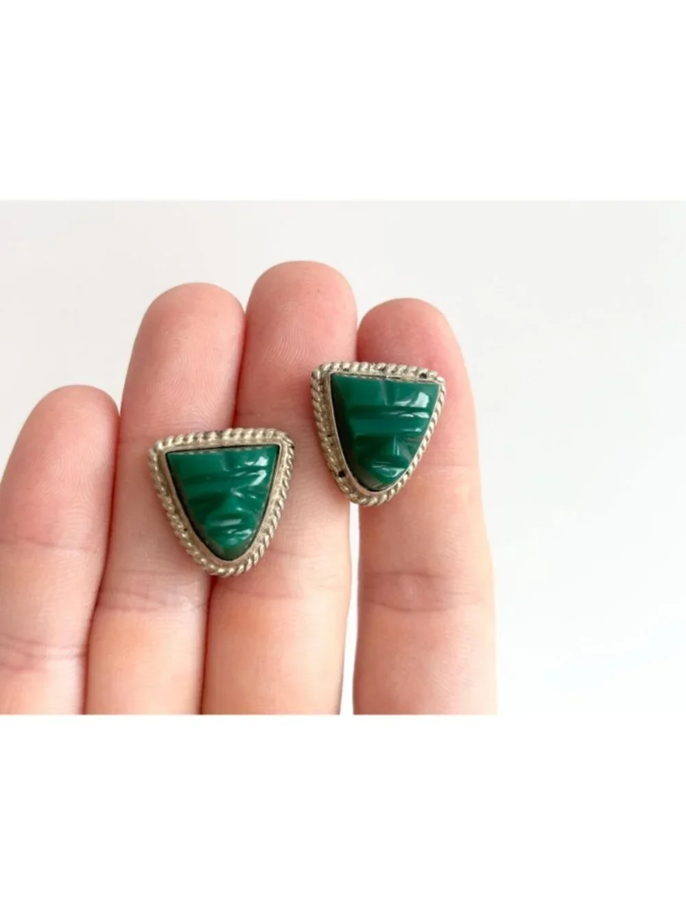 Green Onyx Gemstone Mask Taxco, Mexico Sterling Silver 925 Men's Cufflinks